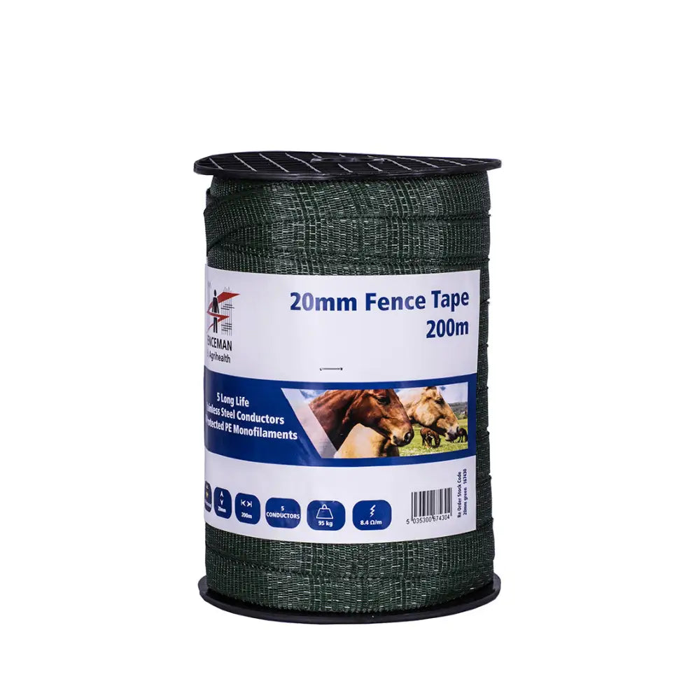 Dark green 20mm fenceman standard tape with stainless steel conductors and injected pe monofilaments on a 200m roll