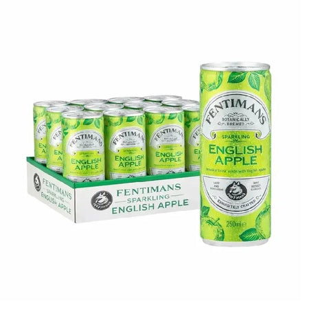 A vibrant green aluminum can of fentimans english apple sparkling drink with botanical apple illustrations and logo