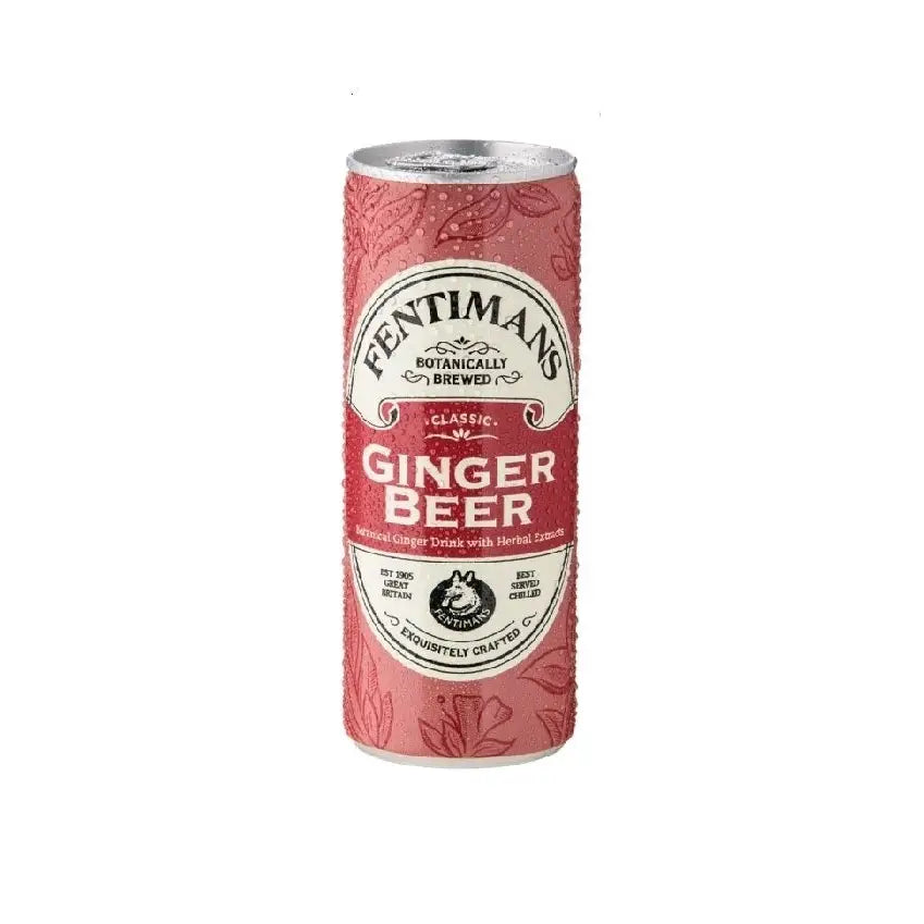 A pink fentimans ginger beer can with silver top and floral pattern featuring the logo and botanically brewed text