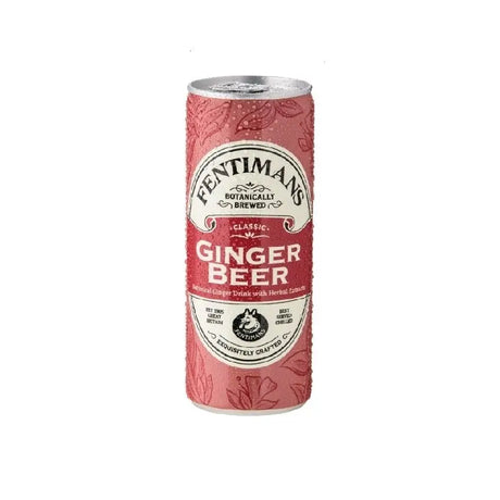 A pink fentimans ginger beer can with silver top and floral pattern featuring the logo and botanically brewed text