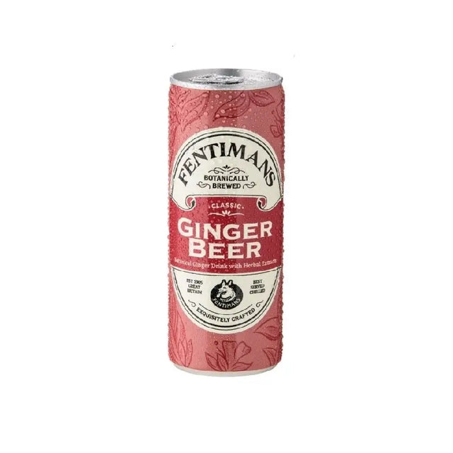 A pink fentimans ginger beer can with silver top and floral pattern featuring the logo and botanically brewed text