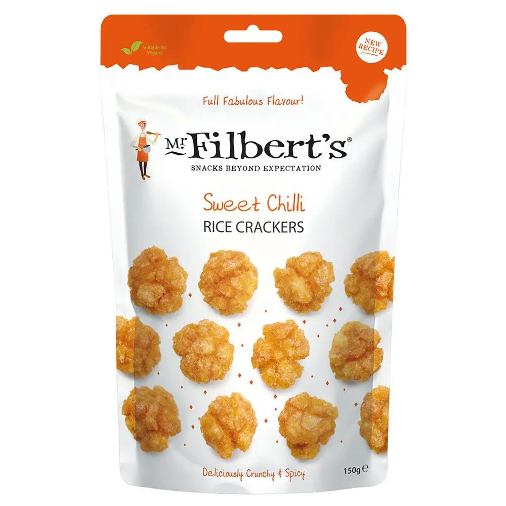 Mr in filberts chilli rice cracker pack showing spicy chilli rice snack in red and white packaging