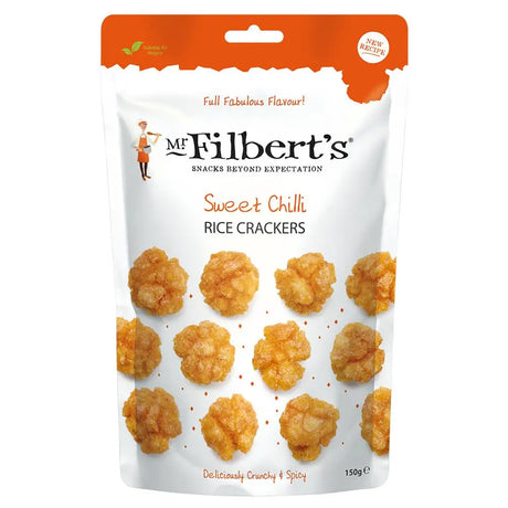 Mr in filberts chilli rice cracker pack showing spicy chilli rice snack in red and white packaging