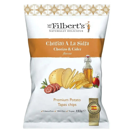 Mr with filberts chorizo cider crisps bag showing spicy chorizo flavor and cider seasoning close up