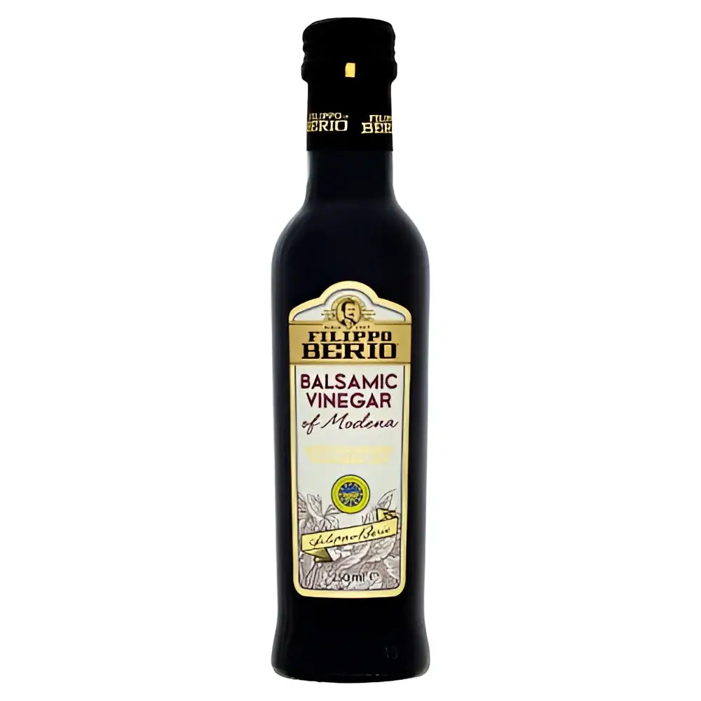 A dark glass bottle of filippo berio balsamic vinegar 250ml with a gold and white label in elegant script