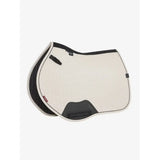 Cream-colored finesse eurojump faux leather saddle pad with black trim and textured backing by equine eurojump square stone