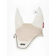Cream-colored finesse fly hood stone with textured woven mesh panel and black trim for equestrian use