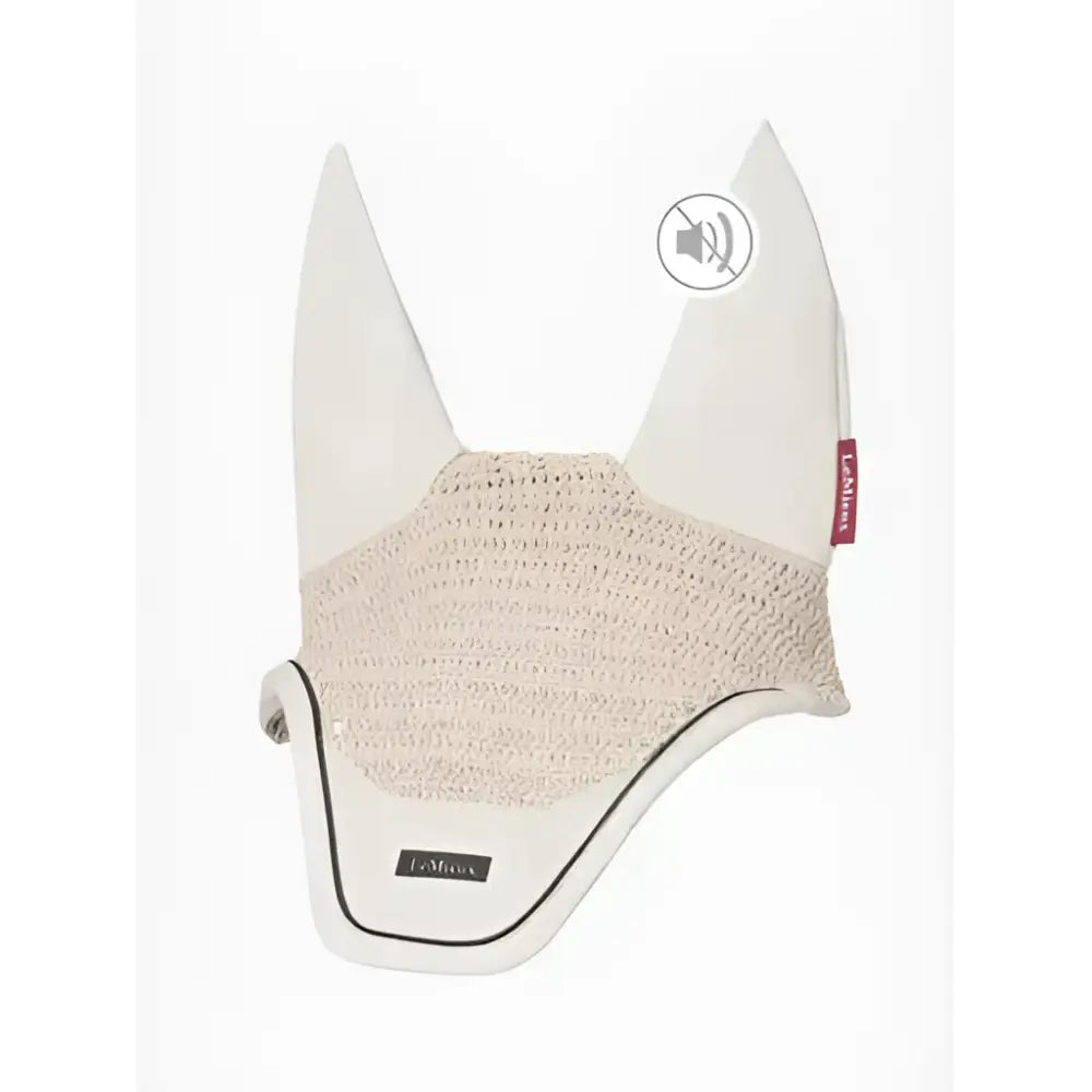 Cream-colored finesse fly hood stone with textured woven mesh panel and black trim for equestrian use