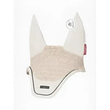 Cream-colored finesse fly hood stone with textured woven mesh panel and black trim for equestrian use