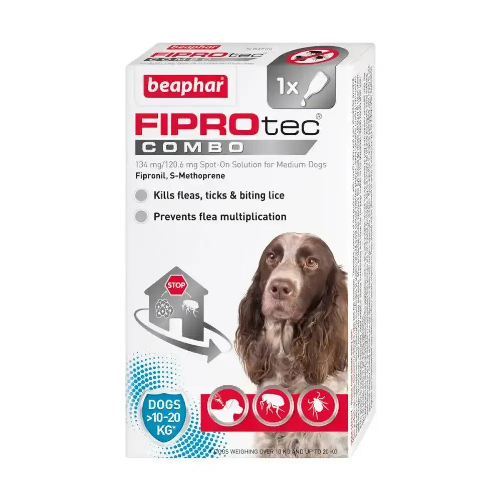 Beaphar fiprotec combo spot-on solution in white box kills fleas and biting lice for medium dogs with 1 pipette