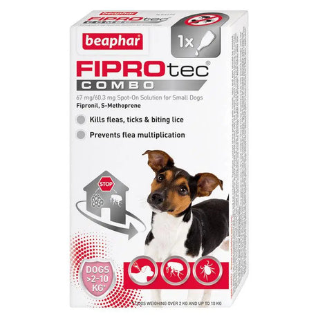 Beaphar fiprotec combo spot-on solution for small dogs kills fleas and biting lice in a white box with red and black text