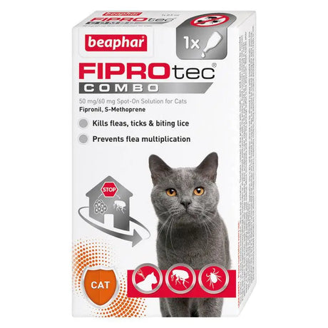 Beaphar fiprotec combo cat spot-on solution for biting lice in a white box with red and gray accents featuring a gray cat