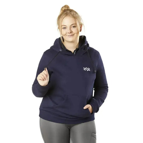 Navy blue firefoot bainbridge hoody kids with a small white firefoot chest logo and drawstrings at the neckline
