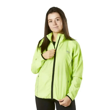 A bright lime green firefoot bainton reflective waterproof jacket kids with black zipper and logo on left chest