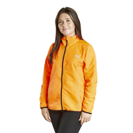 Bright orange firefoot bainton reflective lightweight jacket ladies with black zipper and subtle chest logo