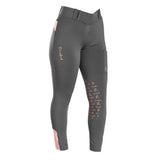 Dark gray firefoot bankfield basic breeches ladies charcoal with pink accents and subtle furled logo print on the leg