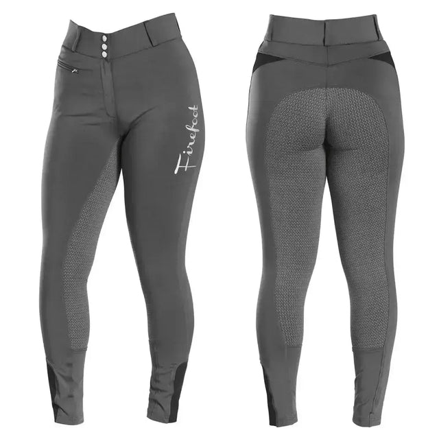 Dark gray firefoot bankfield sticky bum breeches ladies with textured fireproof panels and white logo on thigh