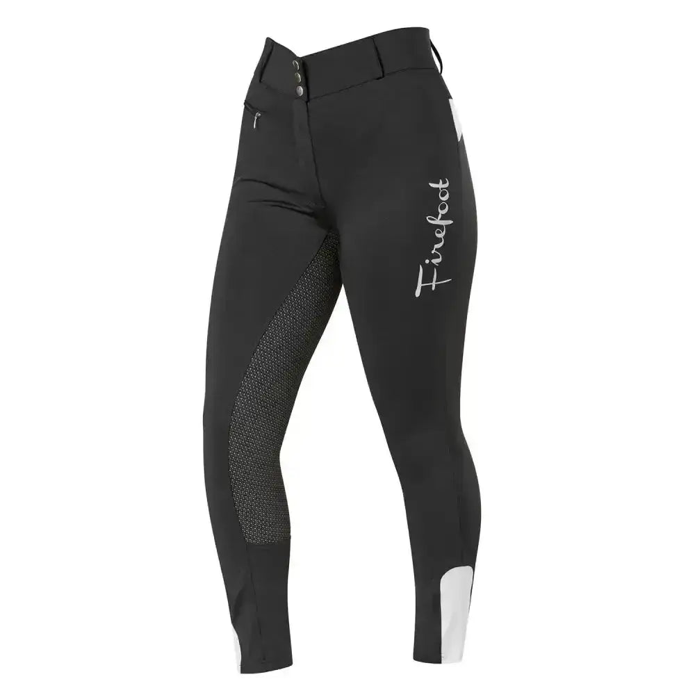 Black firefoot bankfield sticky bum breeches ladies with textured gray thigh panels and white ankle accents