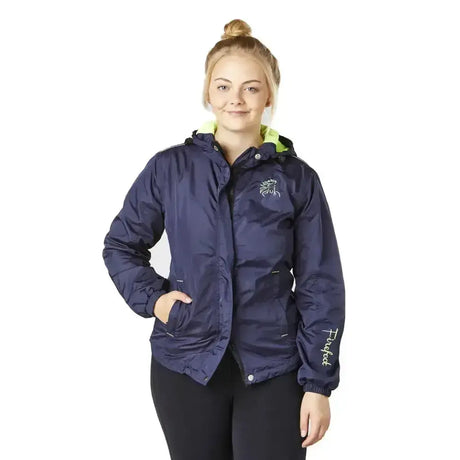 Navy blue firefoot basic showerproof jacket ladies with neon green lining and white embroidered logo ladies navy lime