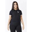 Black short-sleeved firefoot bempton polo shirt ladies black pink with white trim and small chest logo