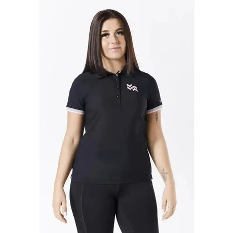 Black short-sleeved firefoot bempton polo shirt ladies black pink with white trim and small chest logo
