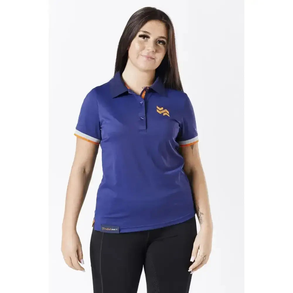 Ladies navy orange firefoot bempton polo shirt with royal blue short sleeves and orange white collar trim