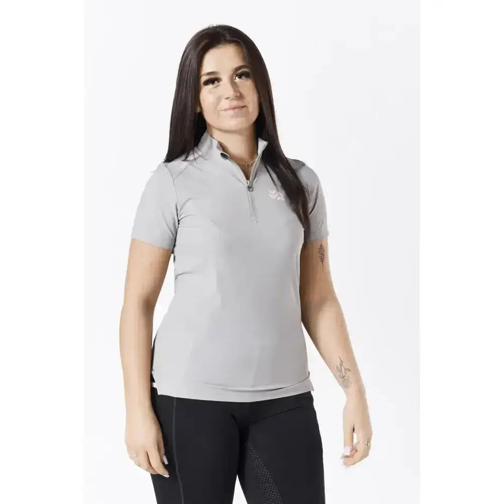 Light gray ladies grey pink firefoot beswick zip t-shirt with quarter-zip collar and subtle chest logo