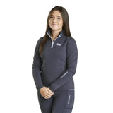 Navy blue long-sleeved firefoot birkby fleece lined quarter zip top with white zipper and logo detailing