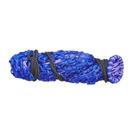 Firefoot double haylage net made of blue and purple woven mesh secured with black rope ties for high quality double haylage use
