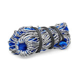A coiled firefoot double haynet rope bundle in blue and gray with black straps showing quality double net design
