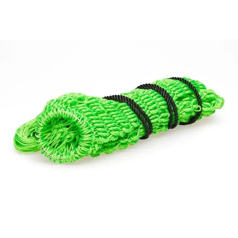 Bright green textured mesh firefoot double twisted netting rolled and secured with black rope, good quality double net