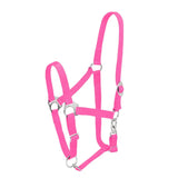 Bright pink nylon firefoot economy adjustable headcollar with silver hardware and adjustable buckles for horses