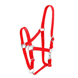 Red nylon firefoot economy adjustable headcollar with silver hardware and adjustable straps for horses