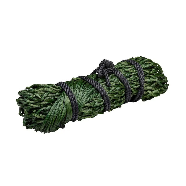 A tightly bound bundle of dark green textured fibers secured with black cord in firefoot economy haynet green