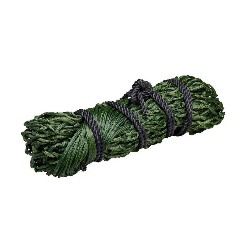A tightly bound bundle of dark green textured fibers secured with black cord in the firefoot economy haynet green