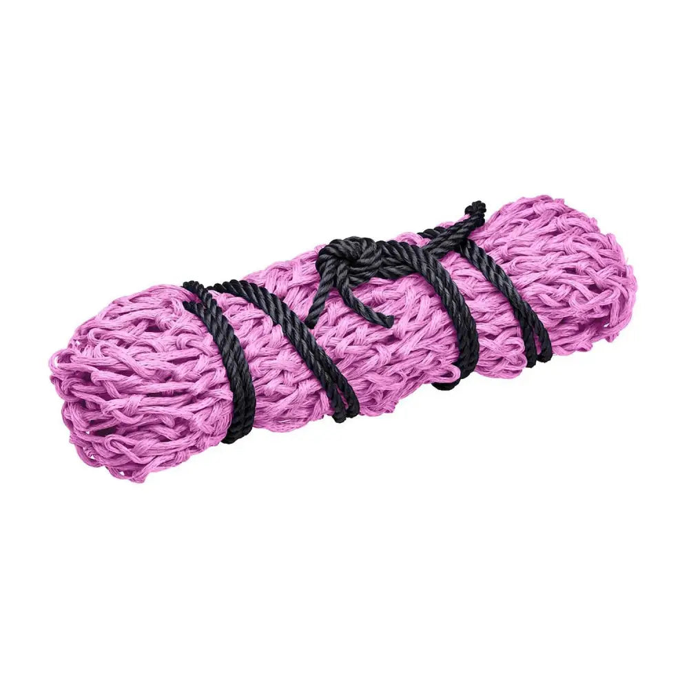 Rolled up firefoot economy haynet pink made of mesh net secured with black rope ties for feeding hay efficiently