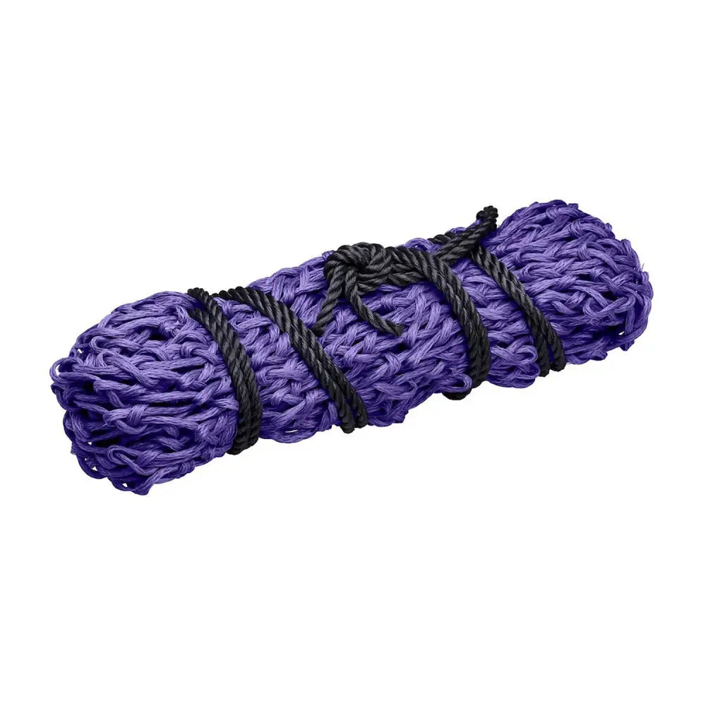 A tightly coiled firefoot economy haynet purple secured with black rope ties for efficient hay feeding