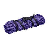 A tightly coiled firefoot economy haynet purple with durable netting secured by black rope ties for easy hay feeding