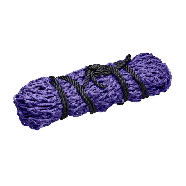 A tightly coiled firefoot economy haynet purple with durable netting secured by black rope ties for easy hay feeding