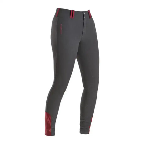 Dark gray firefoot emley four stretch breeches ladies with red accents made of soft feel performance fabric