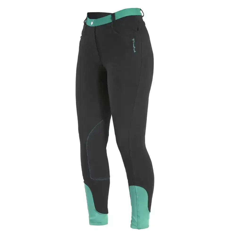 Black firefoot farsley breeches kids with teal pull-on waistband knee patches and leg cuffs for riding comfort