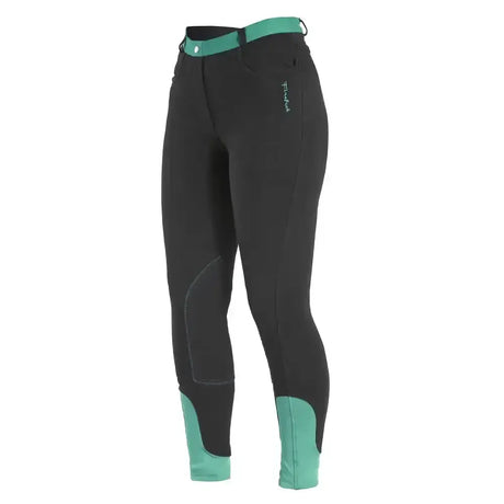 Black firefoot farsley breeches kids with teal pull-on waistband knee patches and leg cuffs for riding comfort