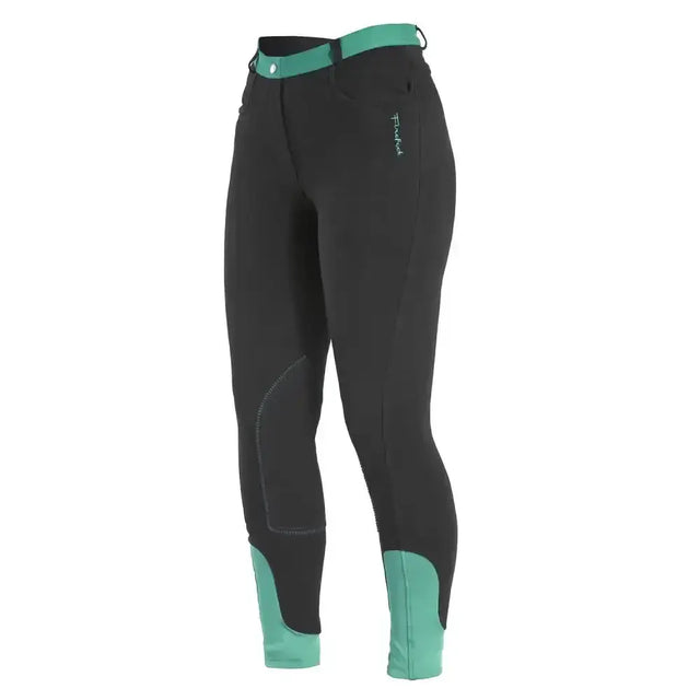Black firefoot farsley breeches kids with teal pull-on waistband knee patches and leg cuffs for riding comfort