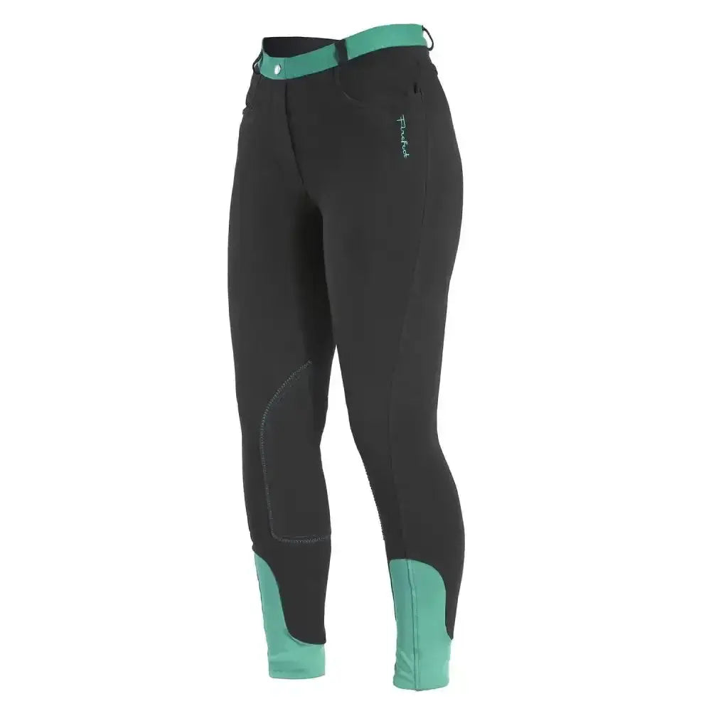 Black firefoot farsley breeches kids with teal waistband knee patches and cuffs show sporty pull-on kids breeches style