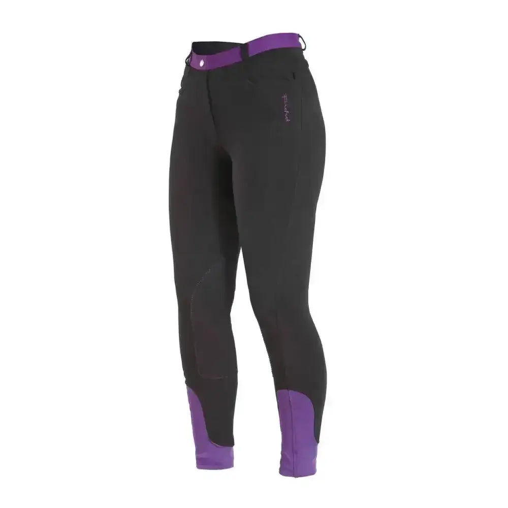 Black firefoot farsley breeches ladies with purple waistband and cuffs, sleek pull-on ladies breeches design