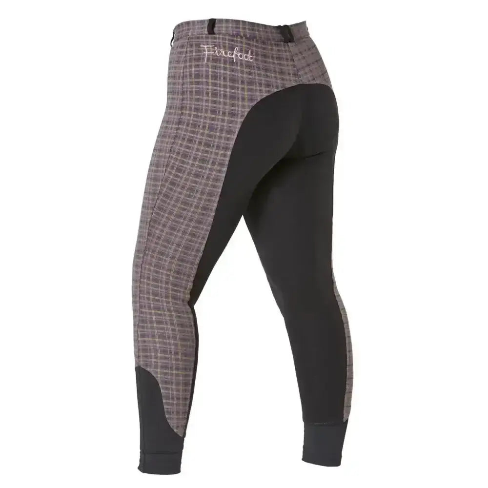 Gray and black plaid firefoot farsley breeches ladies with a sleek form-fitting design in rose gold check pattern