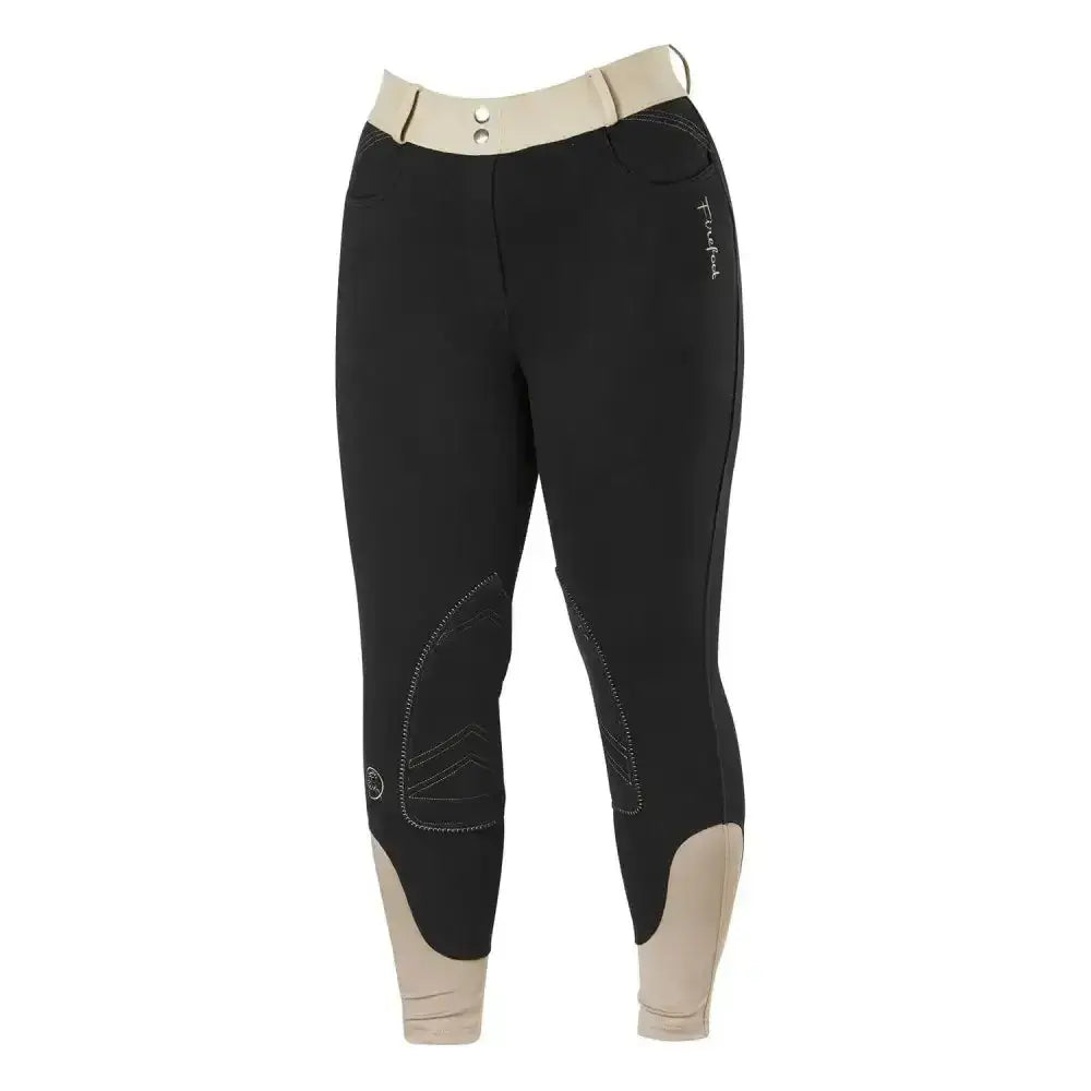 Black firefoot farsley fleece lined breeches with beige waistband and ankle cuffs featuring knee patches and logo