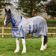 Gray firefoot fixed neck fly rug with blue straps and trim designed for equine protection and neck coverage