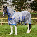 Gray firefoot fixed neck fly rug with blue straps and trim designed for equine protection and neck coverage