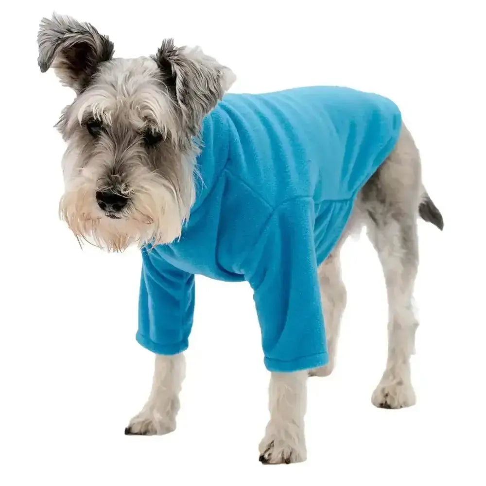A cozy bright blue firefoot fleece dog jumper with long sleeves and a snug fit for chilly days
